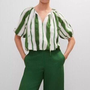 Ann Taylor Green White Striped Linen Puff Sleeve Tie Neck Blouse Top Small